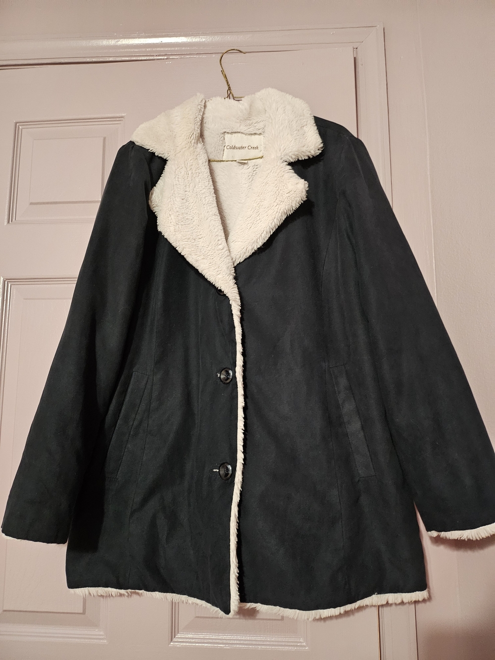 Coldwater Creek Navy Faux-Suede Teddy Coat with Cream Sherpa